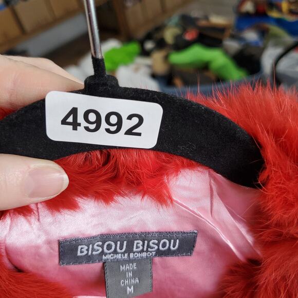 Bisou Bisou Jacket Womens Medium Red Genuine Leather Faux Fur Trim Coat Y2K - Picture 10 of 10